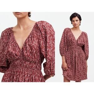 Madewell | NWOT | Puff-Sleeve V-Neck Mini Dress Paisley Floral Rusted Red | Sz 6